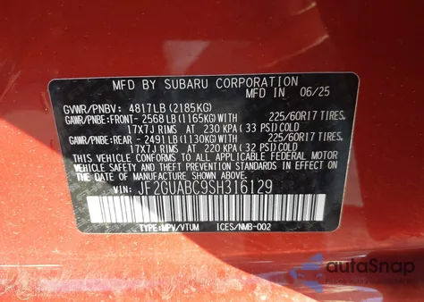 2025 Subaru Crosstrek from USA, damaged, VIN JF2GUABC9SH316129